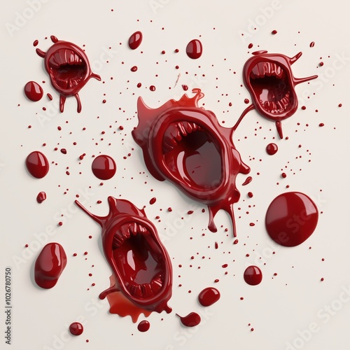 Expressive red paint splashes forming exaggerated mouth shapes on white background photo