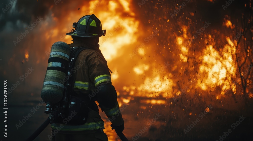 Fototapeta premium Fiery Blaze with Firefighter Responding to Emergency