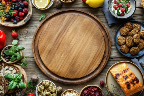 wooden bacground with empty space in the centre. On the sides should be plates and bowls with pumpkin pancakes, berry smoothie bowl, grilled salmon with lemon, stuffed bell peppers, 