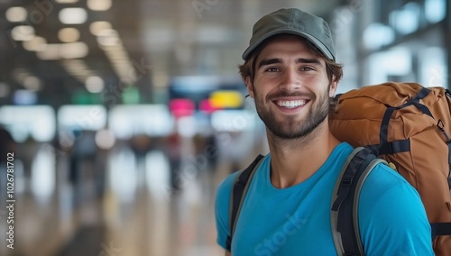 Smiling traveler at an airport, ready for adventure with a backpack.