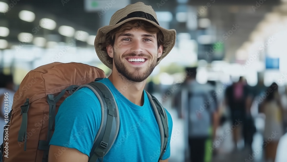 Smiling traveler with a backpack in an airport setting. Smiling traveler with a backpack in an airport setting.