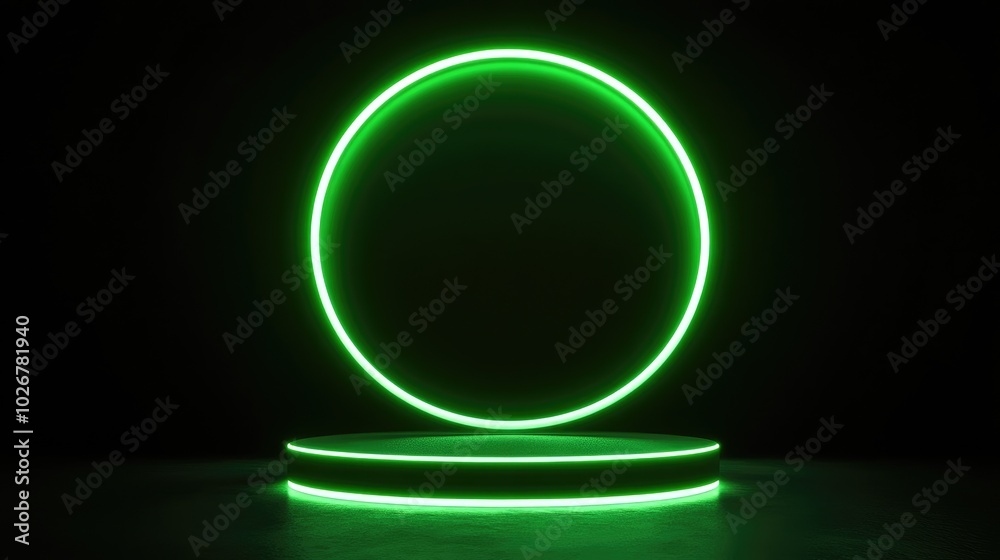 Futuristic Neon Green Circle on Dark Background with Illuminated Platform for Modern Design Concepts