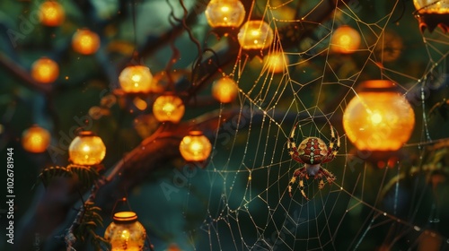 A spider sits in its web, illuminated by the warm glow of hanging lanterns.