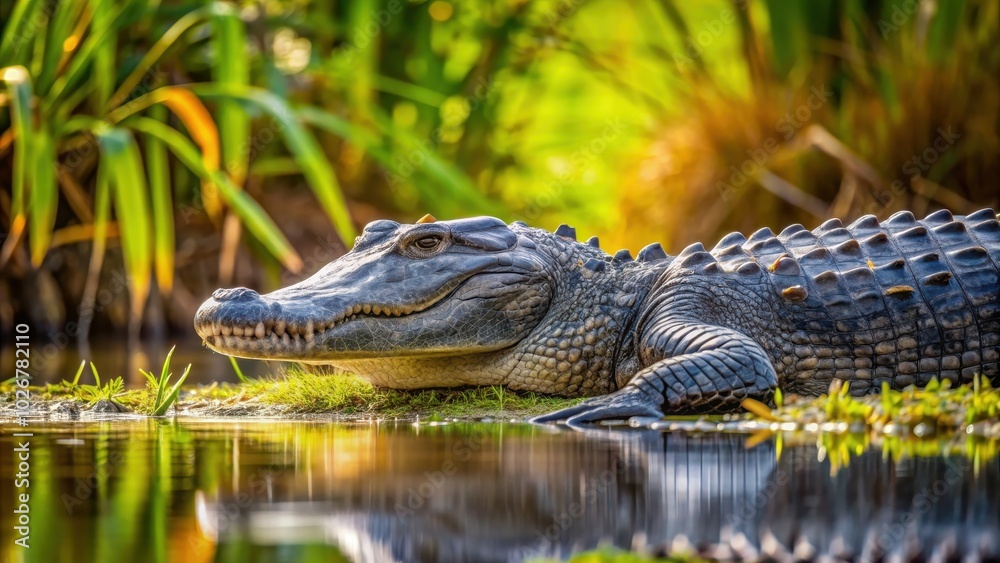 A close-up shot of an alligator resting near a swamp , wildlife, predator, reptile, dangerous, teeth, lurking, camouflage A close-up shot of an alligator resting near a swamp , wildlife, predator, reptile, dangerous, teeth, lurking, camouflage