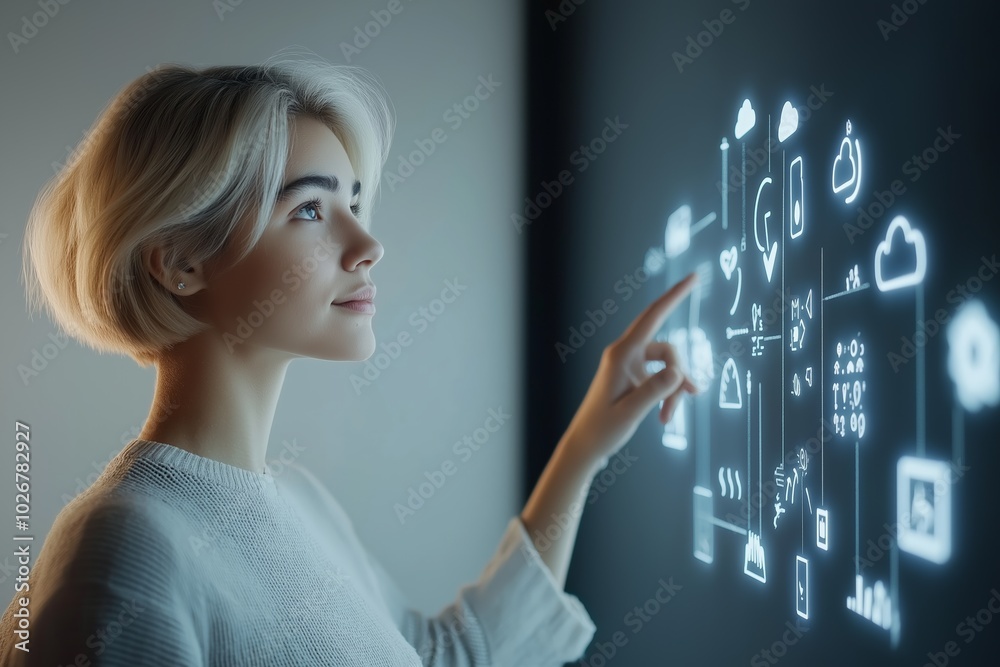 Young woman pointing at digital world map on a large interactive screen
Young woman pointing at digital world map on a large interactive screen