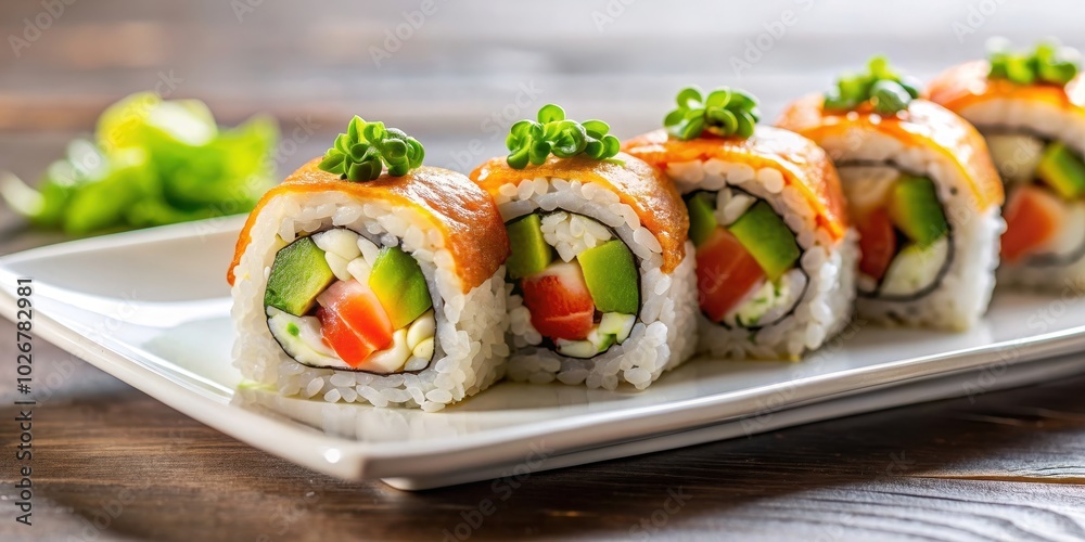 Freshly prepared sushi rolls on a white plate, sushi, Japanese cuisine, food, seafood, rice, raw fish, healthy Freshly prepared sushi rolls on a white plate, sushi, Japanese cuisine, food, seafood, rice, raw fish, healthy