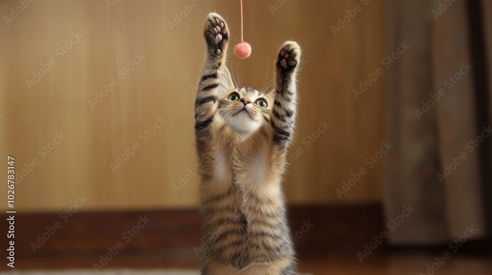 Naklejka premium A cat standing on its hind legs, reaching up to bat at a string toy, with wide, playful eyes.