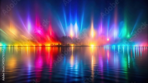 Colorful light show reflecting off misty surface , vibrant, light patterns, projected, foggy, surface, colorful