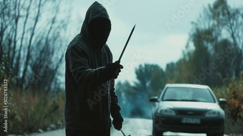 A hooded figure brandishes a weapon in a menacing pose, creating a sense of unease and mystery. photo