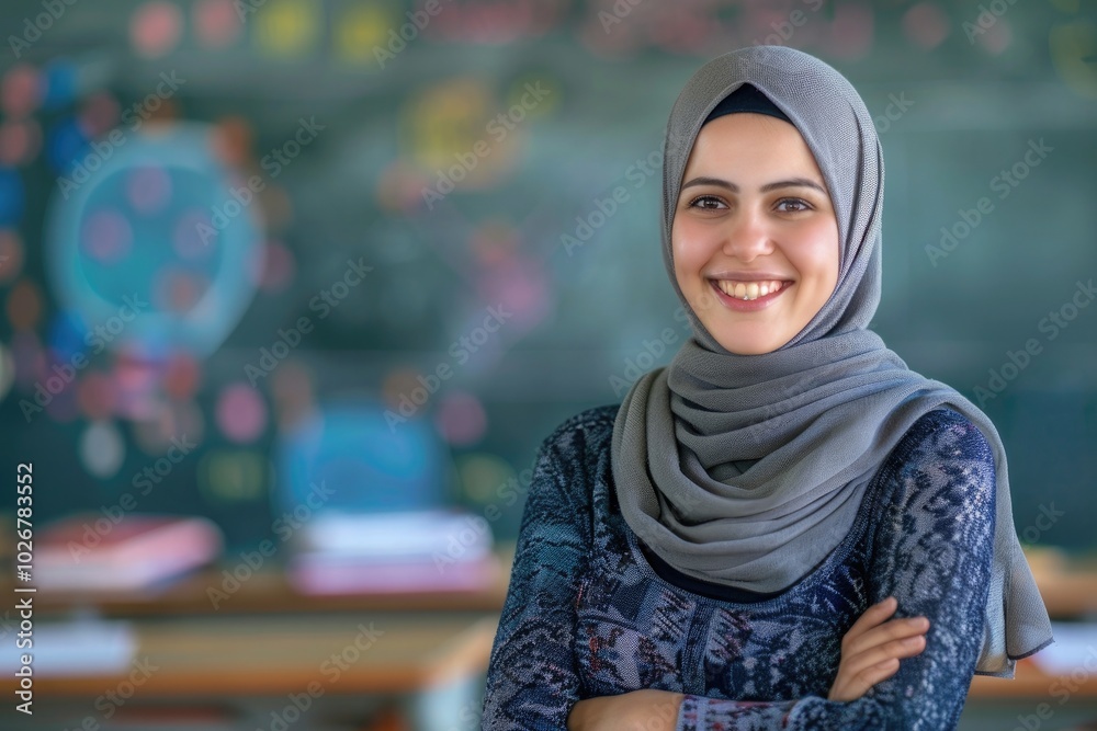 smiling teacher wearing a gray hijab stands confidently in a classroom smiling teacher wearing a gray hijab stands confidently in a classroom