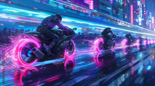 A group of motorcyclists race through a futuristic cityscape, leaving trails of glowing pink light behind them. photo