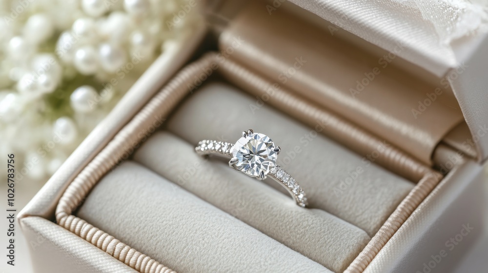 A close-up of a diamond ring in a luxurious jewelry box, ready to be gifted. A close-up of a diamond ring in a luxurious jewelry box, ready to be gifted.