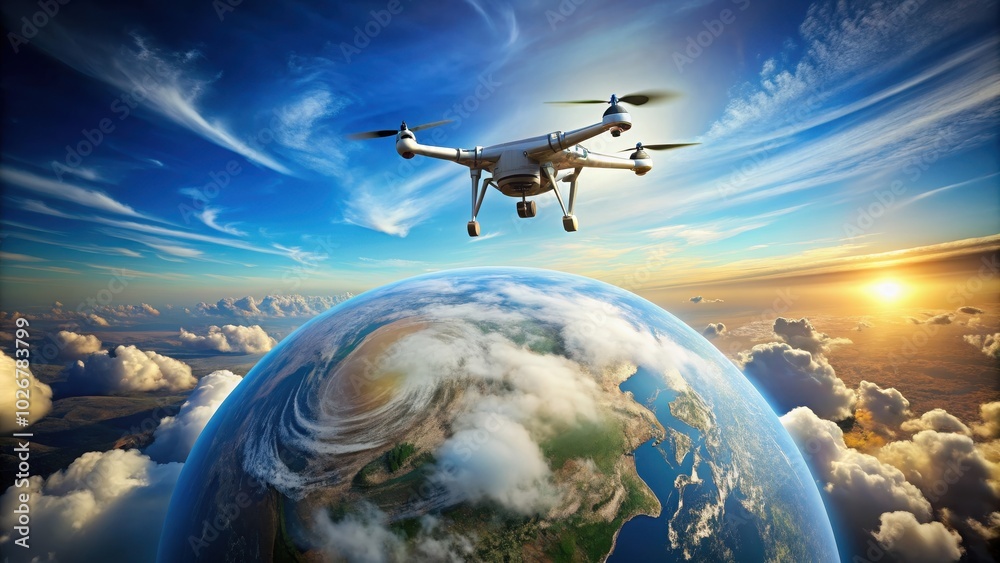 Obraz premium Artistic rendition of a global drone flying high in the sky , technology, innovation, surveillance, aerial, futuristic