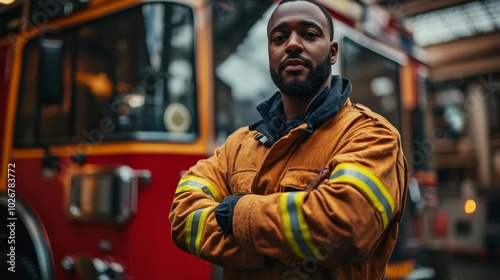 Wallpaper Mural Firefighter wearing brown jacket standing with arms crossed in front of fire engine

 Torontodigital.ca