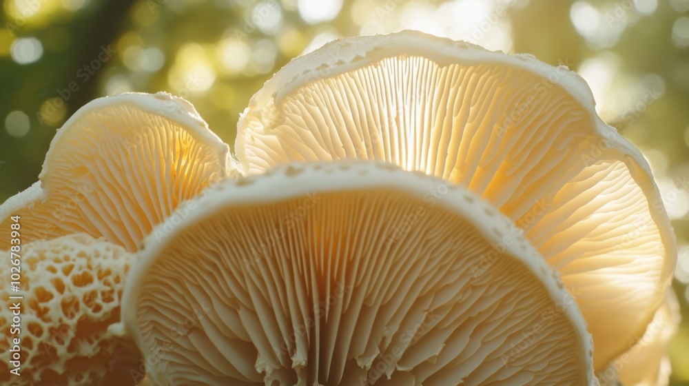 A close-up of a mushroom cap with intricate gills, illuminated by sunlight peeking through the trees. A close-up of a mushroom cap with intricate gills, illuminated by sunlight peeking through the trees.