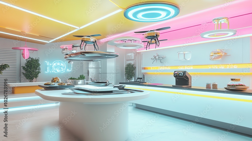 Futuristic kitchen with drone serving food Futuristic kitchen with drone serving food