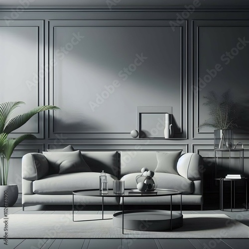 Elegantes, minimalistisches Innendesign in verschiedenen Grautönen gehalten. Das Design zeichnet sich durch klare Linien, moderne Möbel und eine harmonische Kombination aus hellen und dunklen Grautöne photo