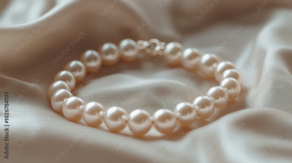 A close-up of a pearl bracelet resting on a soft fabric background, highlighting its simplicity.