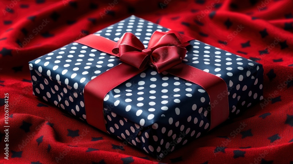 Obraz premium Beautifully Wrapped Gift Box with Red Ribbon on Red Background, Perfect for Christmas, Birthday, or Special Occasion, Ready to Give