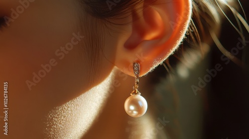 A close-up of a pearl earring dangling from a woman ear, catching the light beautifully.