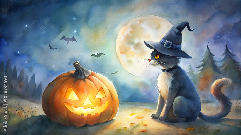 Fototapeta premium Black cat in a witch hat, sitting beside a glowing pumpkin, full moon and bats in the background, magical atmosphere, copy space