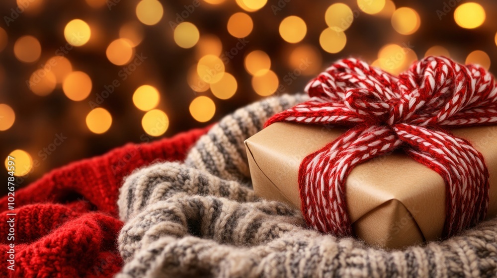 Cozy Gift Wrapped in Brown Paper with Red Ribbon on Red Knitted Blanket and Warm Lights, Perfect for Christmas or Holiday Gift Giving Cozy Gift Wrapped in Brown Paper with Red Ribbon on Red Knitted Blanket and Warm Lights, Perfect for Christmas or Holiday Gift Giving