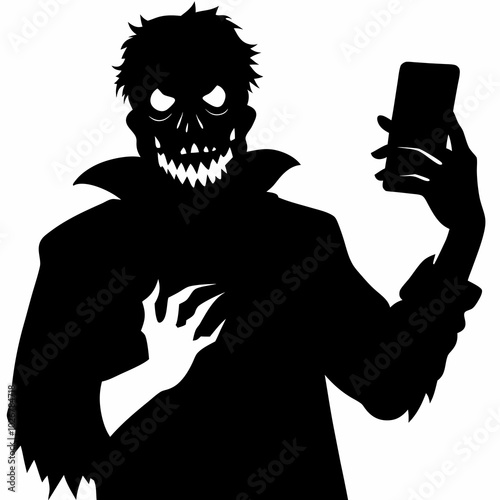 Grinning monster with phone in hand, torn shirt and glowing eyes, bold black horror silhouette. Concept: Halloween meme, digital addiction awareness, Halloween, Horror Meme Day.
