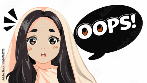 Anime-style girl with shocked face and black speech bubble “Ooops!”, pop-art comic format. Concept: emoji sticker pack, meme blog, youth design, Halloween, Digital Comic Day.