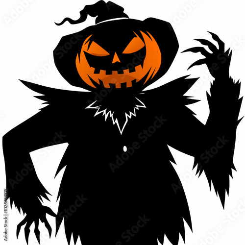 Scarecrow with pumpkin head and sinister grin, outstretched arms, bold silhouette horror style. Concept: Halloween poster, horror merch, haunted design, Halloween, Pumpkin Night.