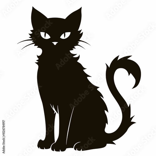 Stylized black cat with arched back and angry eyes, silhouette on white, Halloween icon. Concept: witchcraft blog, spooky pet poster, seasonal branding, Halloween, Black Cat Day.