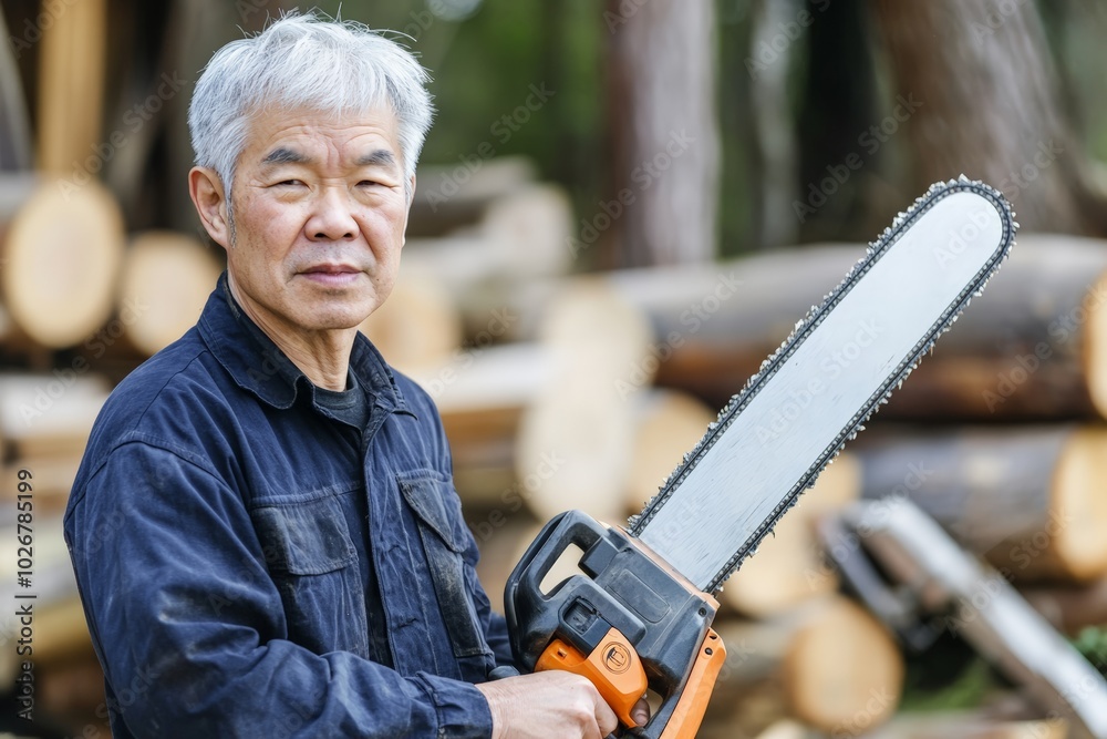 Elderly man holding a chainsaw, standing in a lumber yard, ready for work
Elderly man holding a chainsaw, standing in a lumber yard, ready for work