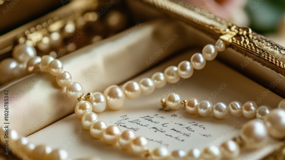 A close-up of pearls being wrapped as a gift, placed in a satin-lined box with a handwritten note. A close-up of pearls being wrapped as a gift, placed in a satin-lined box with a handwritten note.