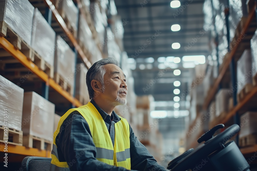 Warehouse worker driving a forklift surrounded by shelves of boxes in a large storage facility
Warehouse worker driving a forklift surrounded by shelves of boxes in a large storage facility