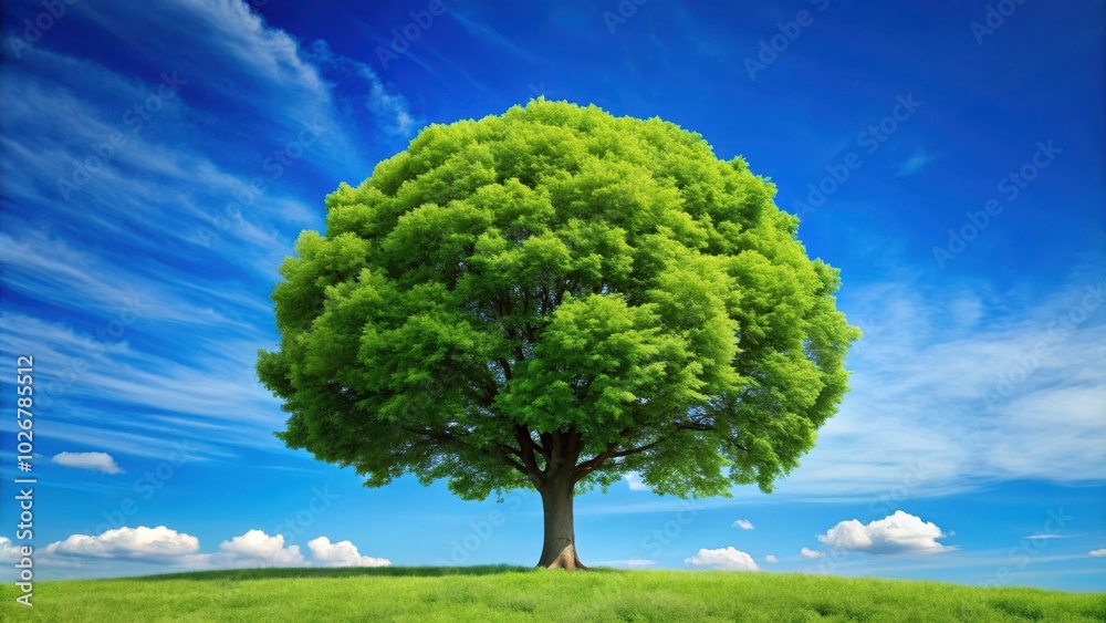Lush green tree reaching up into a clear blue sky , nature, landscape, foliage, branches, leaves, peaceful, serene, growth Lush green tree reaching up into a clear blue sky , nature, landscape, foliage, branches, leaves, peaceful, serene, growth