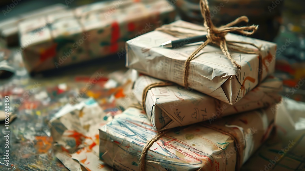 Inspection of a pile of gifts that have been uniquely tied with pen in recycled paper Inspection of a pile of gifts that have been uniquely tied with pen in recycled paper