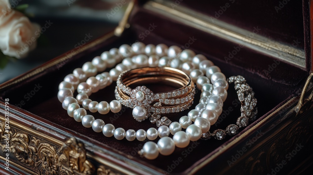 A collection of pearl rings, bracelets, and necklaces displayed in an ornate jewelry box. A collection of pearl rings, bracelets, and necklaces displayed in an ornate jewelry box.