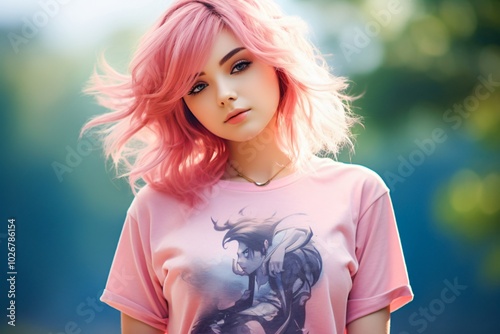 Beautiful pink haired lady wearing a t-shirt photo