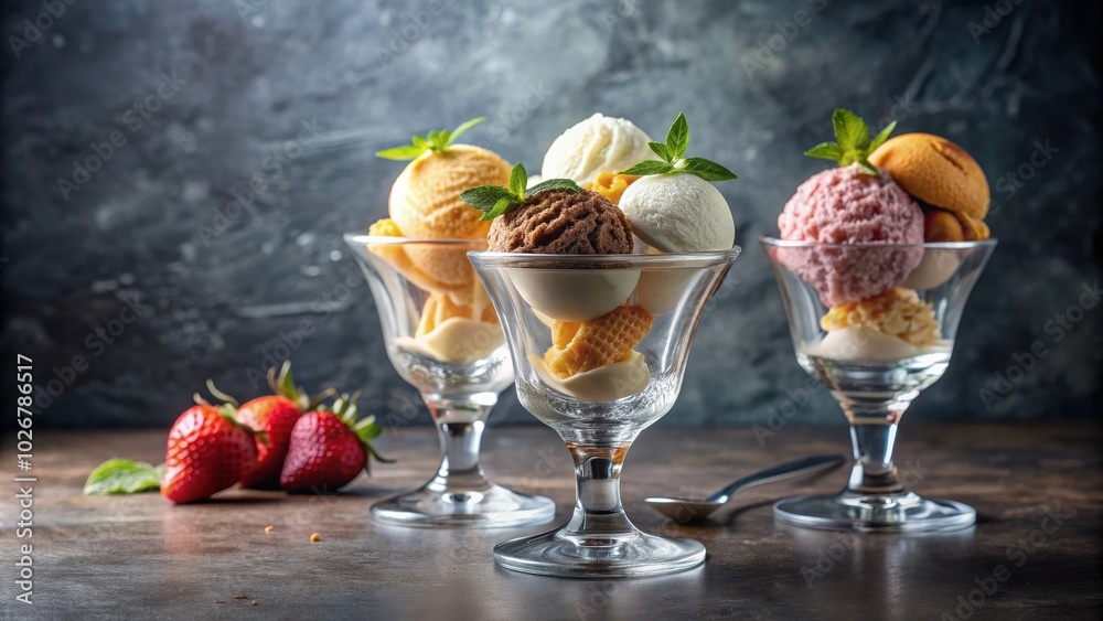Gourmet ice cream served in elegant crystal glasses, luxurious, dessert, elegant, fancy, indulgent, delicious, sweet Gourmet ice cream served in elegant crystal glasses, luxurious, dessert, elegant, fancy, indulgent, delicious, sweet