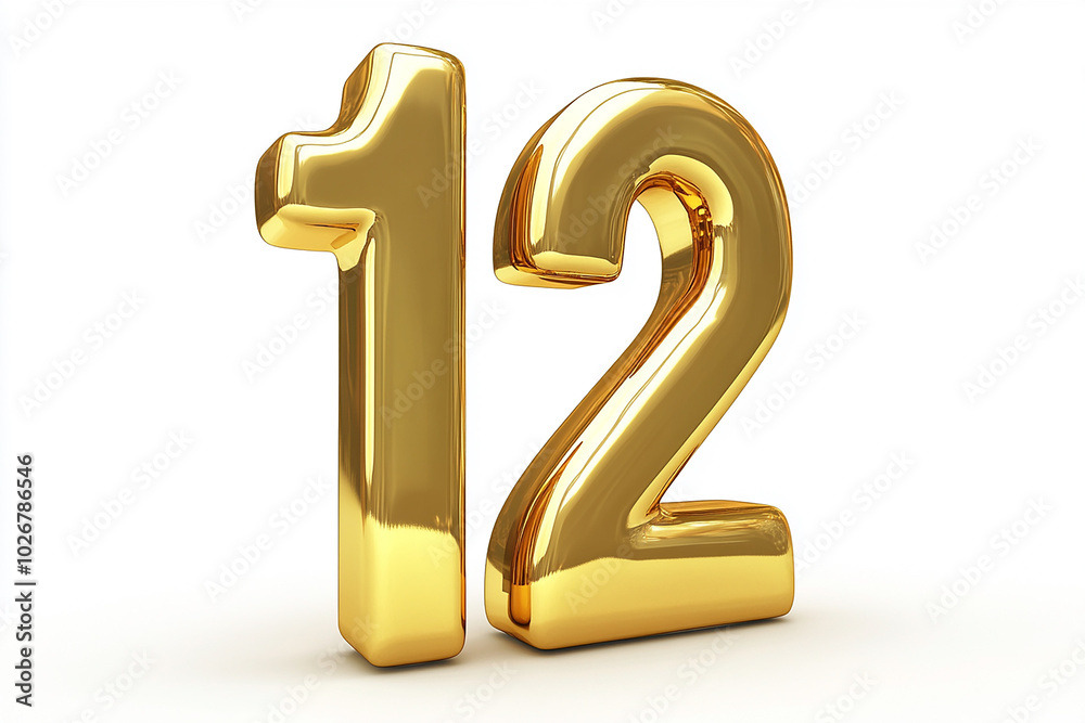 3d gold number 12 isolated on white background