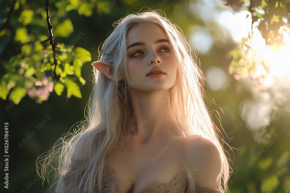 A serene portrait of a young woman with elven features in nature. A serene portrait of a young woman with elven features in nature.