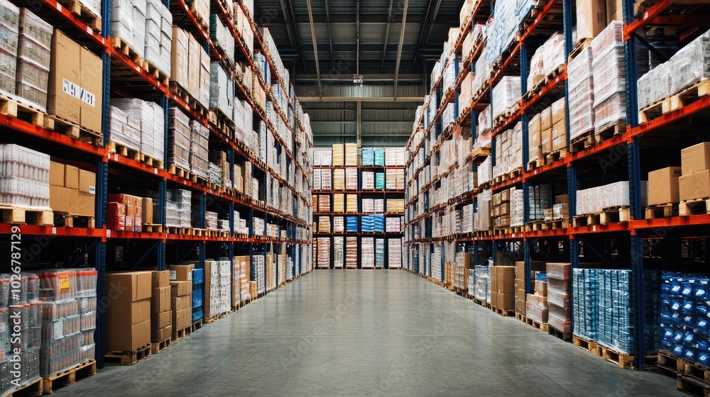 Organized Warehouse with Stacked Pallets and Shelves Organized Warehouse with Stacked Pallets and Shelves