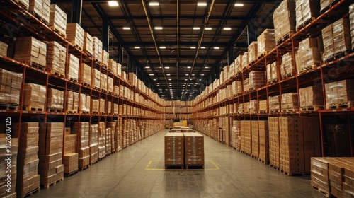 Warehouse Interior with Stacked Boxes and Shelving Units