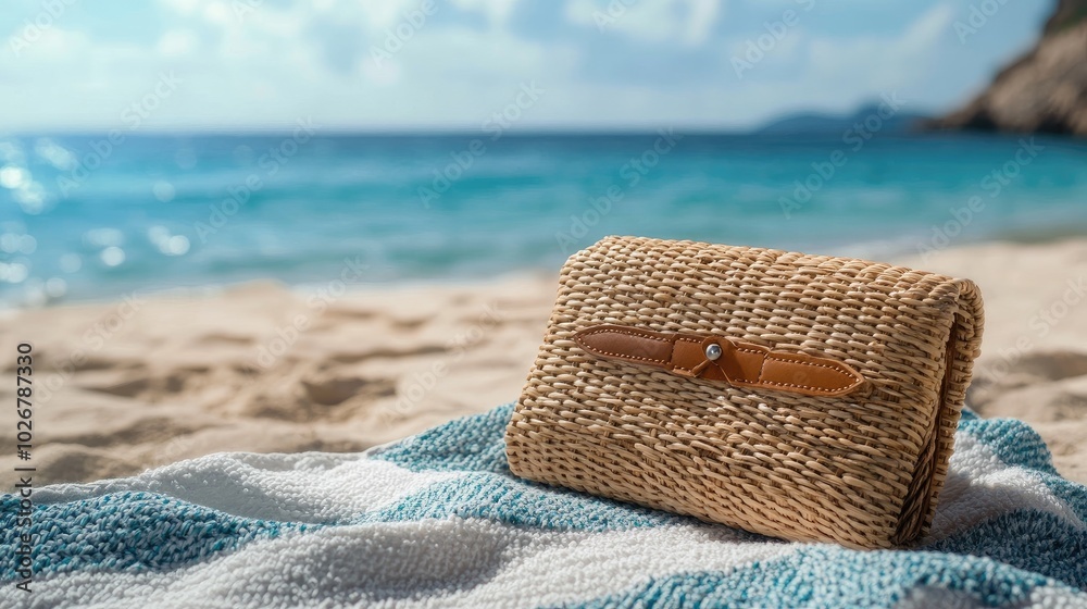 Natural Woven Bag on Sandy Beach with Ocean View Natural Woven Bag on Sandy Beach with Ocean View