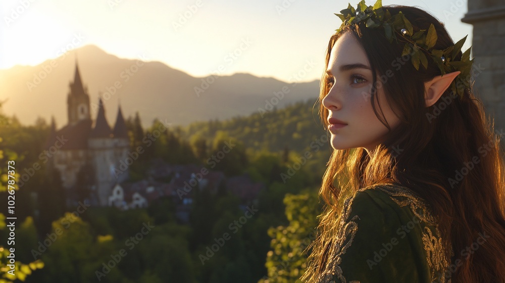 A serene elf gazes at a distant castle during sunset. A serene elf gazes at a distant castle during sunset.