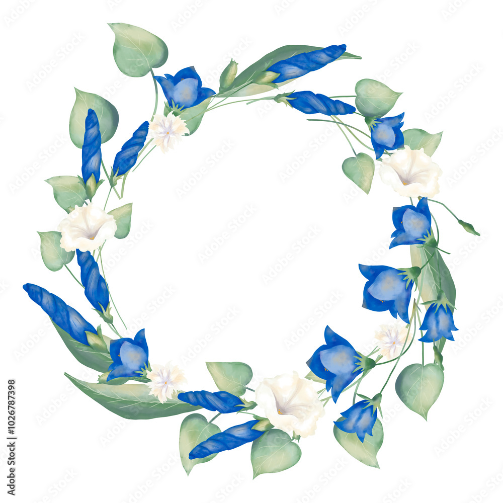 Wreath with blue and white flowers and buds, with leaves and stems. Watercolor digital illustration for printing and web design Wreath with blue and white flowers and buds, with leaves and stems. Watercolor digital illustration for printing and web design