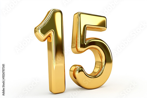 3d gold number 15 isolated on white background