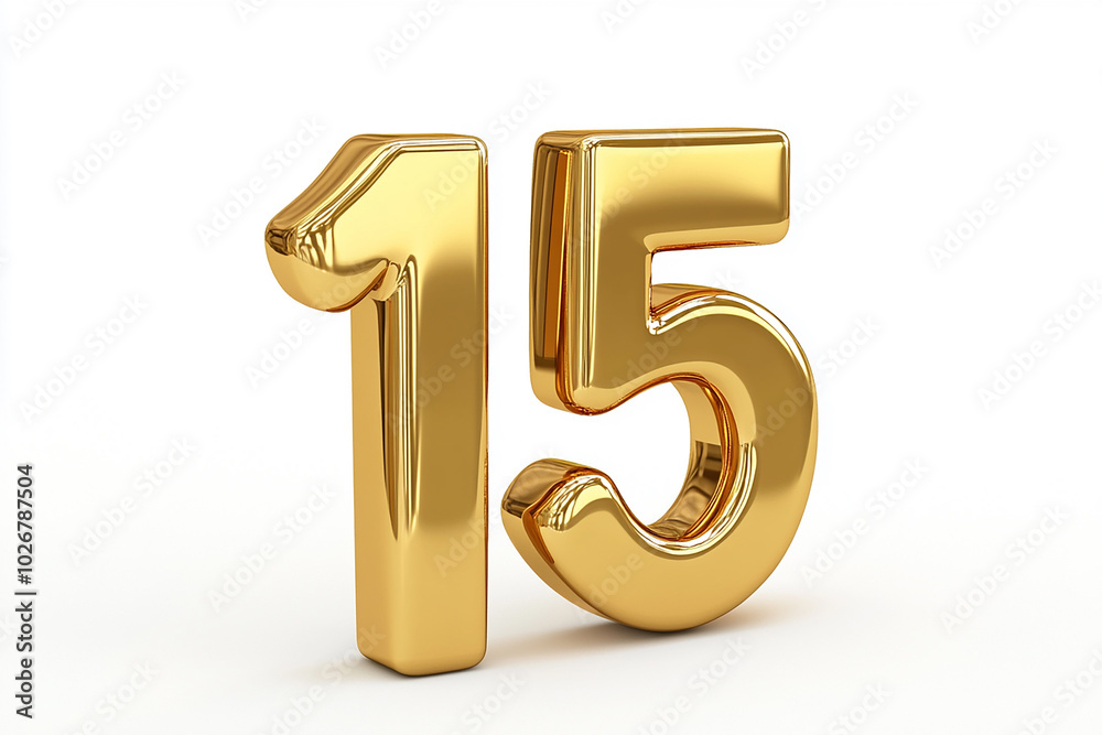 3d gold number 15 isolated on white background