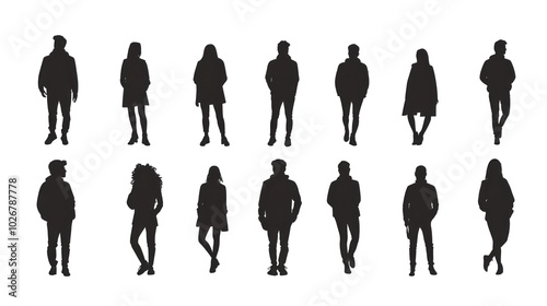 monochrome black people silhouettes walking isolated on transparent background