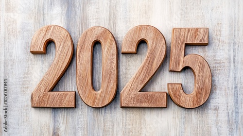 Wooden numbers on a rustic background representing the year 2025, symbolizing the upcoming year and new beginnings