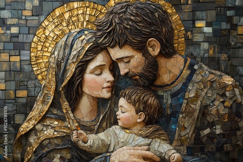 A detailed mosaic of the Holy Family, embellished with radiant tiles and sparkling gold highlights. Mary, Joseph, and baby Jesus, christmas scene